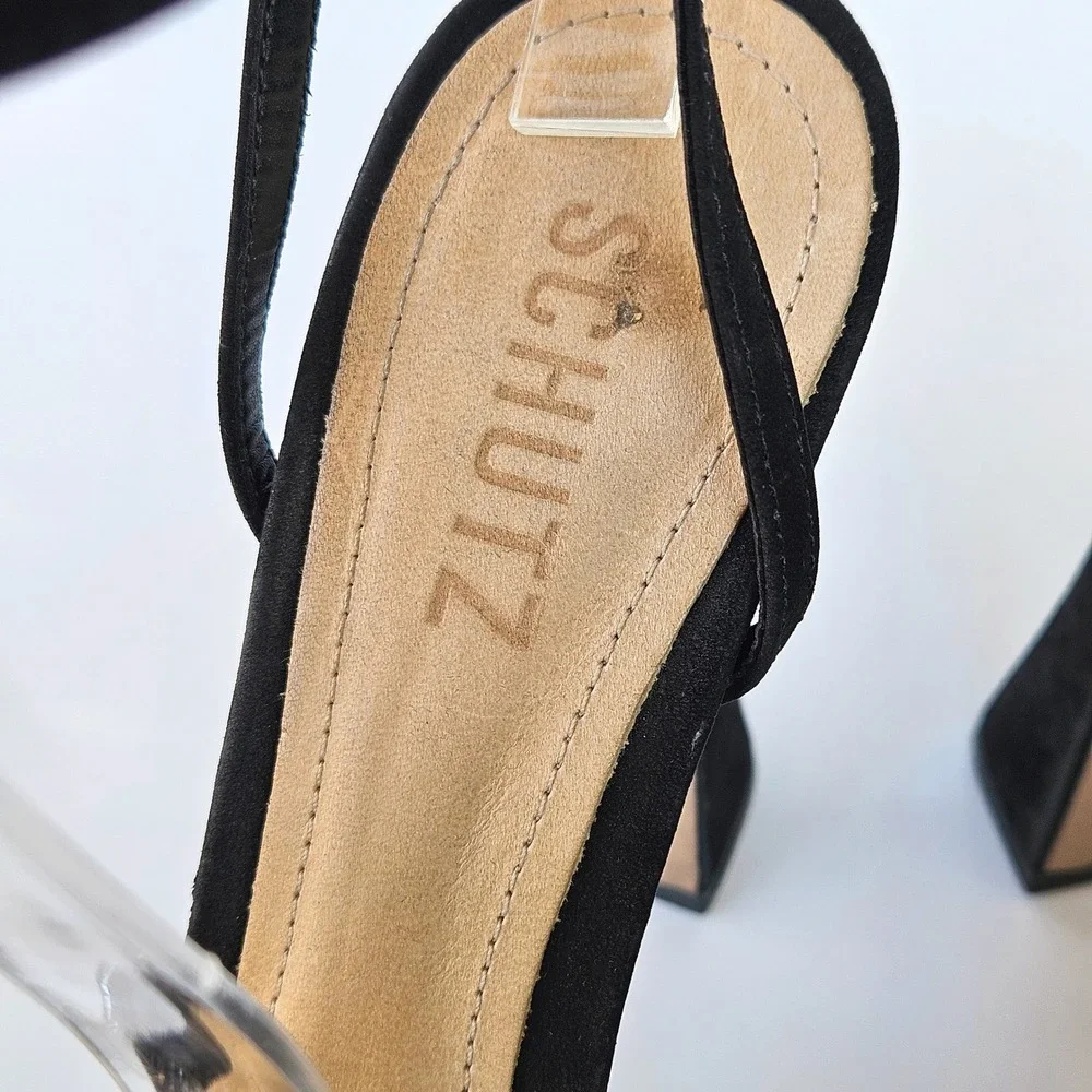 Schutz Peaky Black Suede Rhinestone Transparent Platform Sandal Heels Womens 7.5